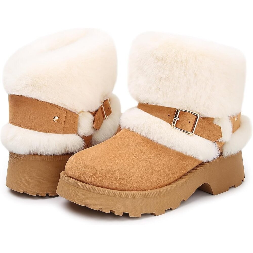 Women's Furry Fuzzy Snow Winter Buckle Block Heels Booties Light Brown Shoes